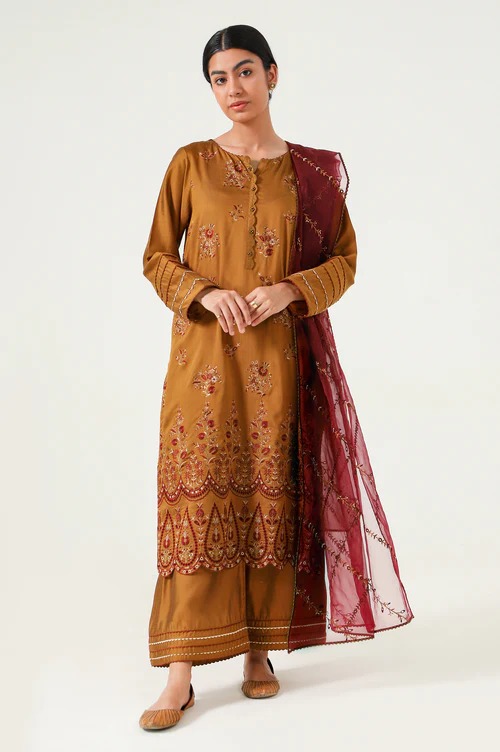 3 piece Unstitched Embroidered Cotton silk Suit